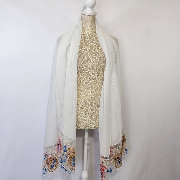 Scarf Women's Rectangle White Detailed Floral Embroidered Linen Blend Boho City - Picture 1 of 13